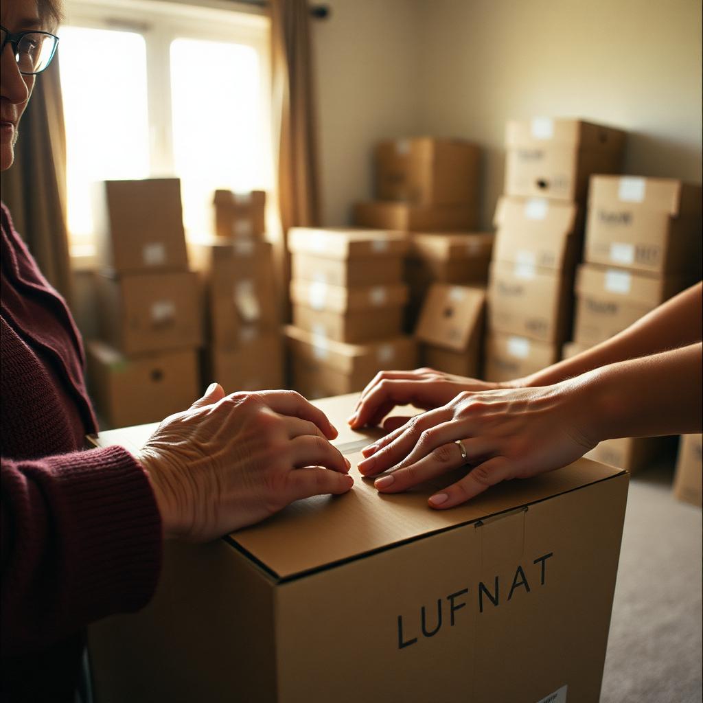 Two generations of hands sealing a moving box together